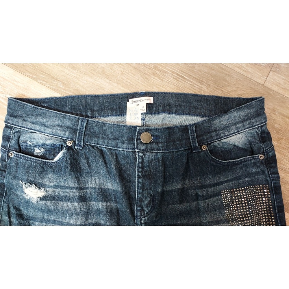 Juicy Couture size 12 skinny jeans distressed with rhinestones dark wash Y2K